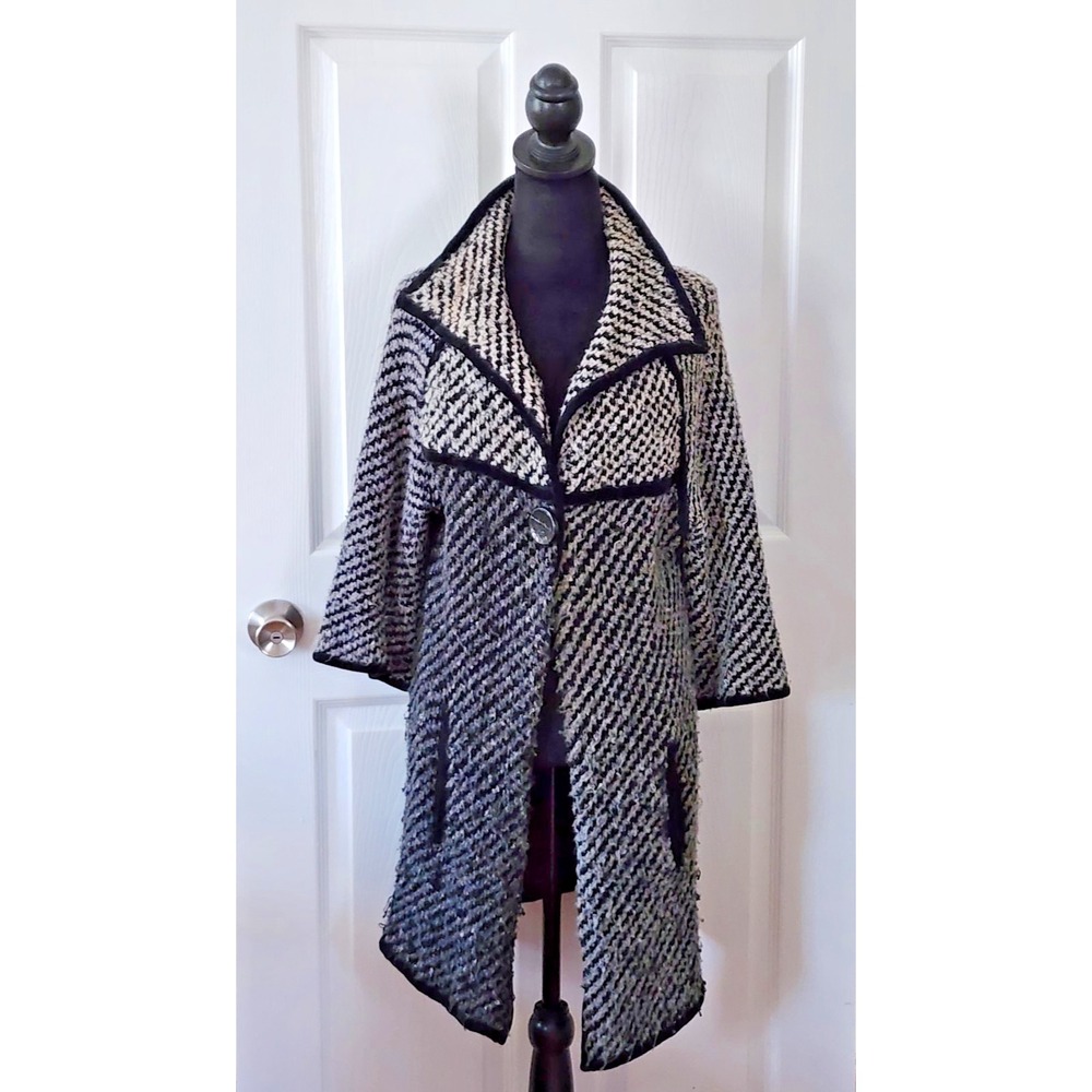 Curio Women's Black/White Houndstooth Long 3/4 Jkt /Coat Button Front Pockets LG